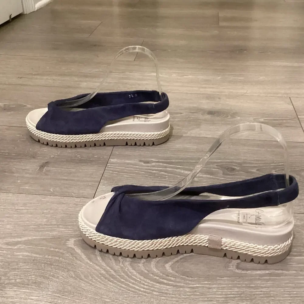 Amalfi Womens Slingback Flats 7.5 N Navy Blue White Nautical Resort Suede Sandal